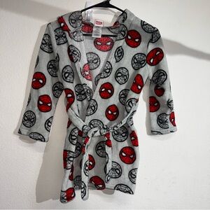 Marvel Spiderman Robe Kids Grey Red Fleece Soft Belted‎ Hooded Size 8 Cozy Boys